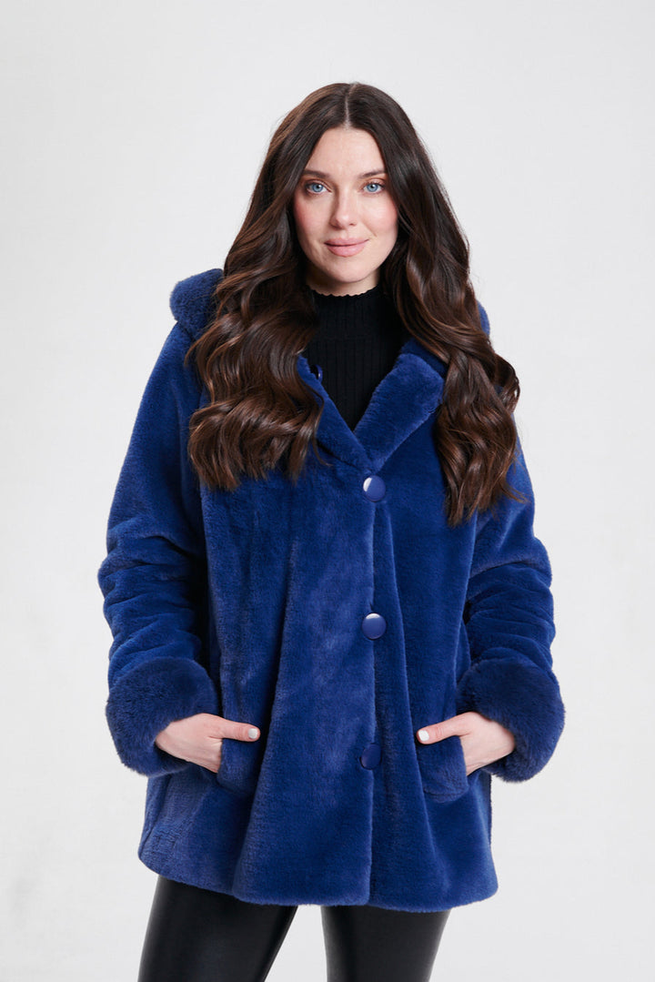 Nikki Jones Reversible Hooded Faux Fur Coat in Sapphire/Black