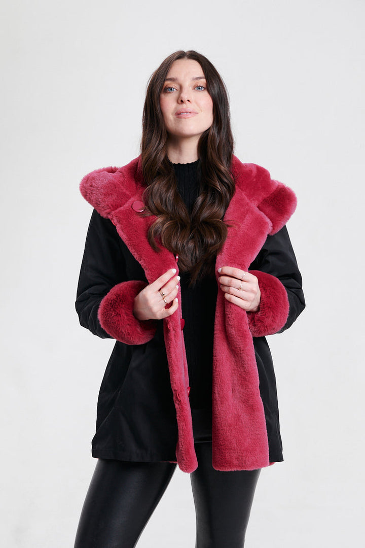 Nikki Jones Reversible Hooded Faux Fur Coat in Cranberry/Black