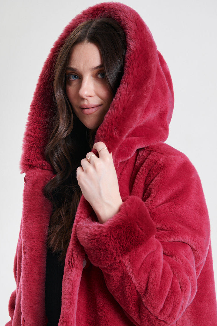 Nikki Jones Reversible Hooded Faux Fur Coat in Cranberry/Black
