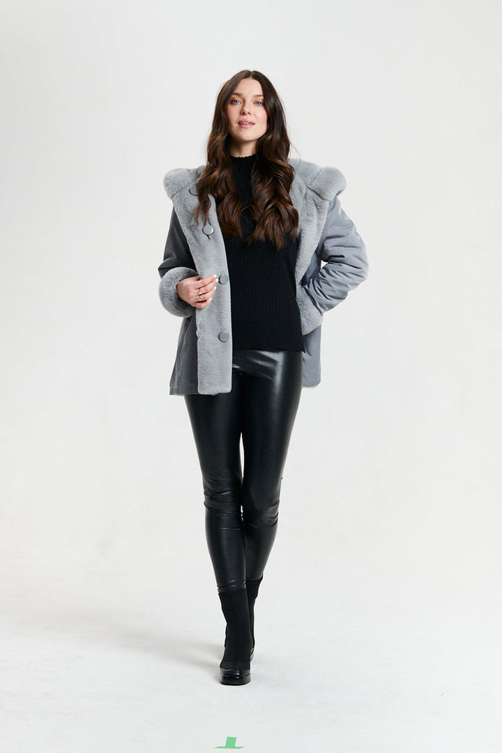 Nikki Jones Reversible Hooded Faux Fur Coat in Gray/Storm