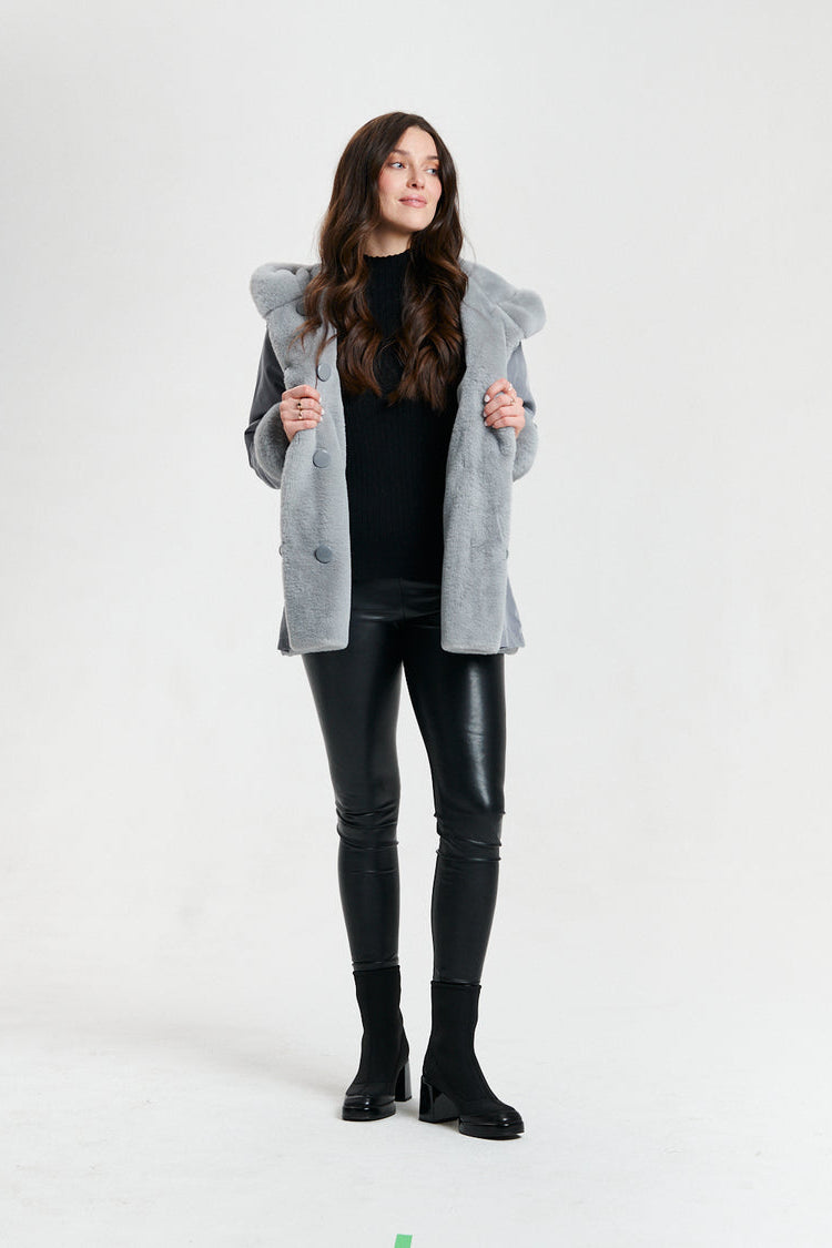 Nikki Jones Reversible Hooded Faux Fur Coat in Gray/Storm