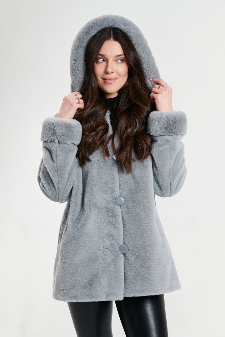 Nikki Jones Reversible Hooded Faux Fur Coat in Gray/Storm