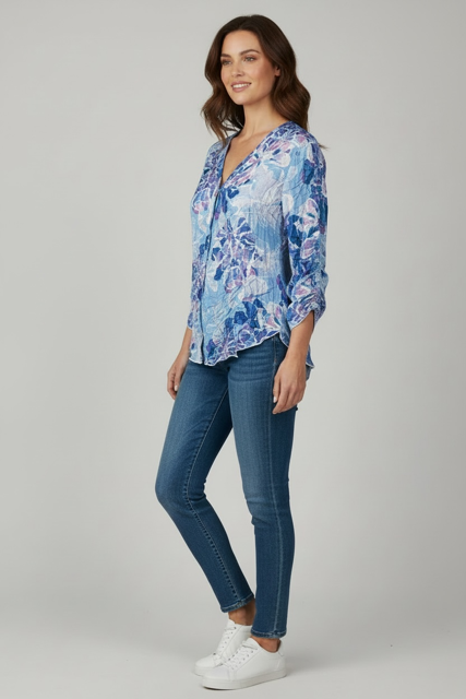 Printed Crinkle V Neck Button Shirt Petalstone