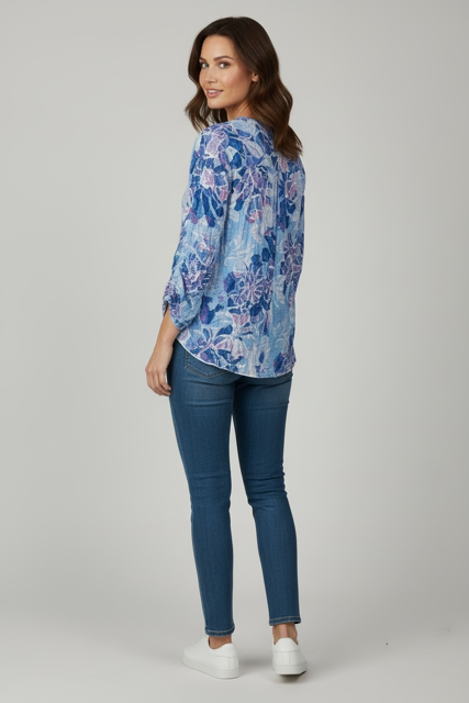 Printed Crinkle V Neck Button Shirt Petalstone