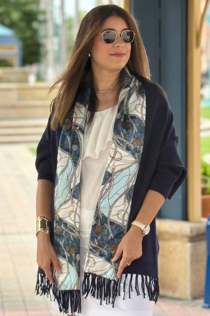 Cozy Sweater Wrap / Navy / Teal Tassel