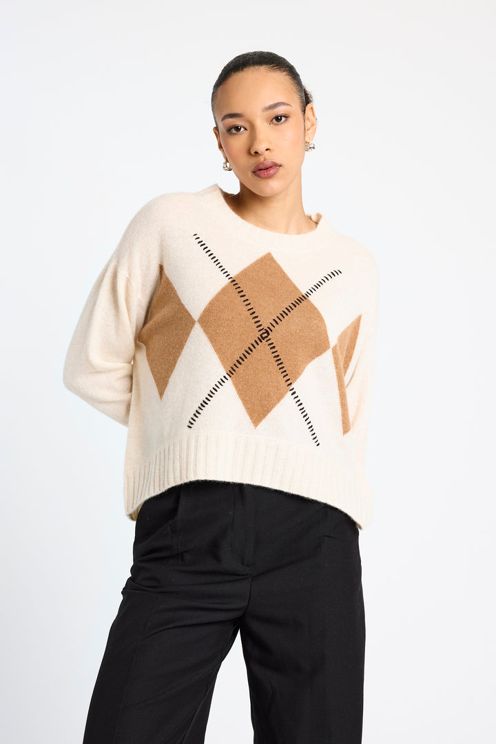 Relaxed Argyle in Antique in White