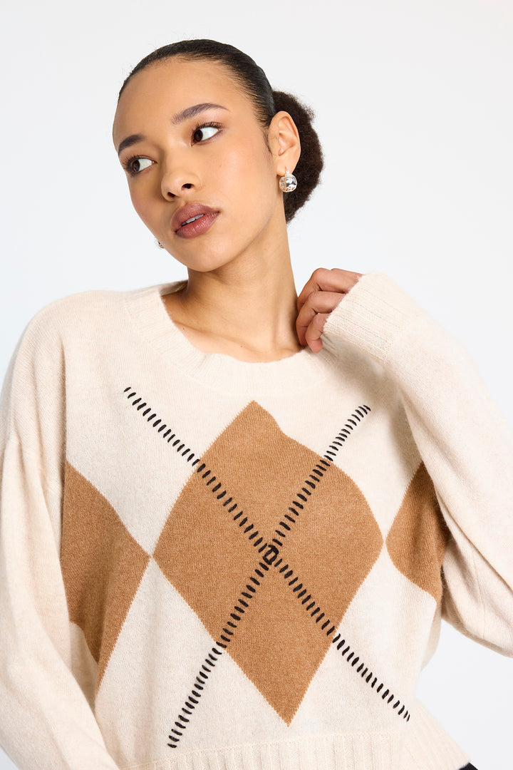 Relaxed Argyle in Antique in White
