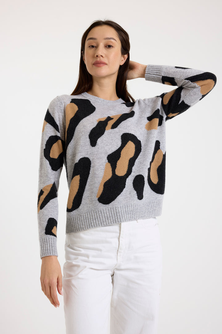 Abstract Leopard Crewneck in Grey Charcoal
