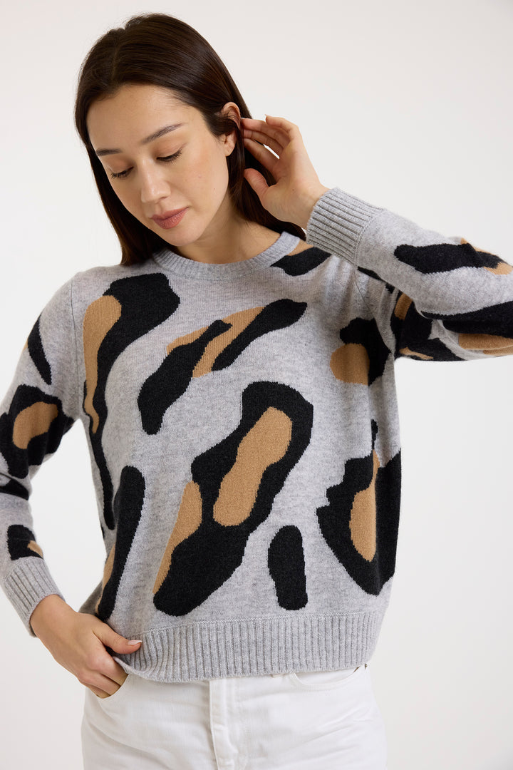 Abstract Leopard Crewneck in Grey Charcoal
