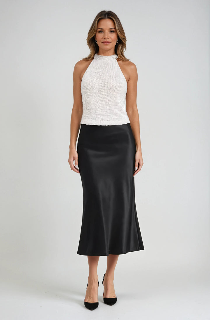 STRETCH SATIN MIDI A-LINE BIAS SKIRT - BLACK