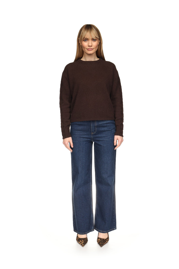 Cable Sleeve Crew Sweater Brown