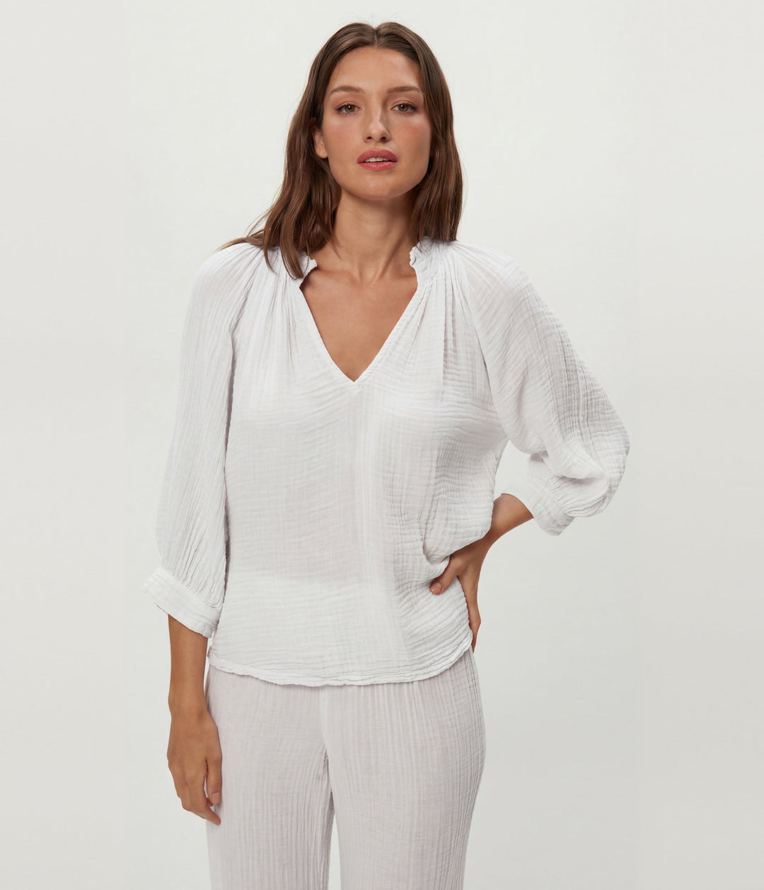 Kali Double Gauze Ruffle Neck White