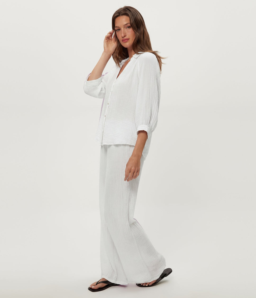 Kali Double Gauze Ruffle Neck White