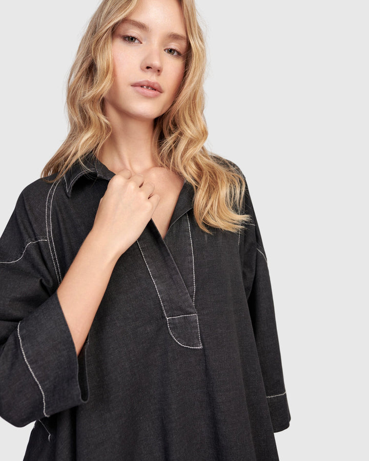 Panama Oversized Shirt Dress, Black Denim