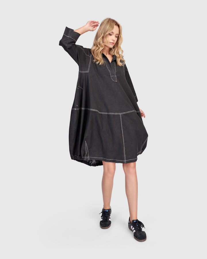 Panama Oversized Shirt Dress, Black Denim