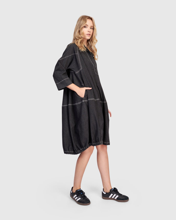 Panama Oversized Shirt Dress, Black Denim