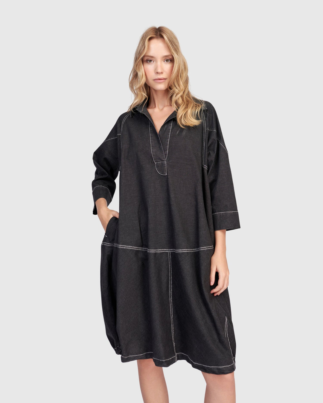 Panama Oversized Shirt Dress, Black Denim