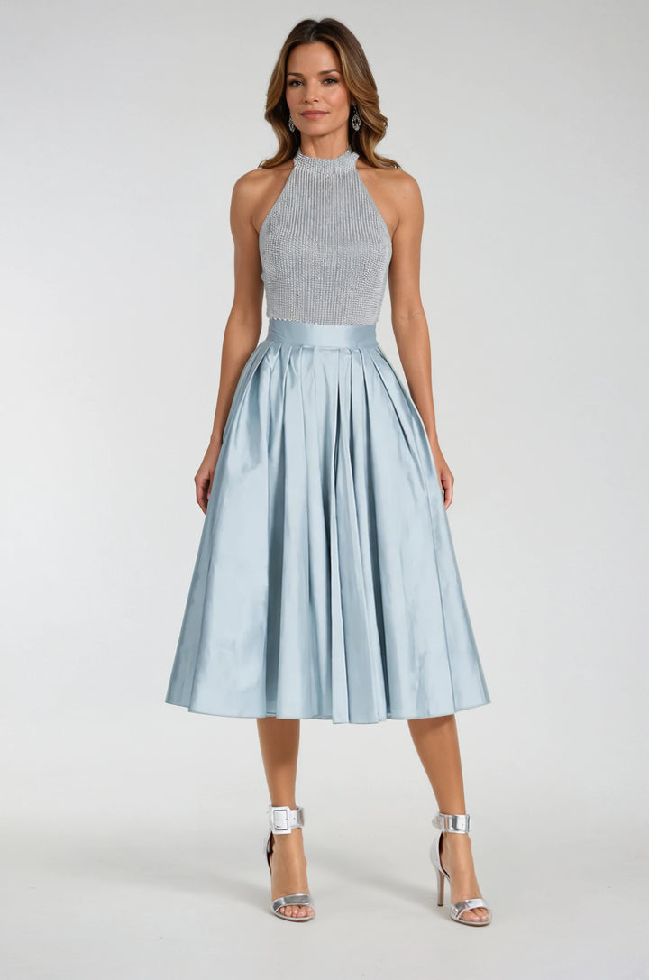 TEA LENGTH PLEATED SOFT TAFFETA MIDI SKIRT LIGHT BLUE
