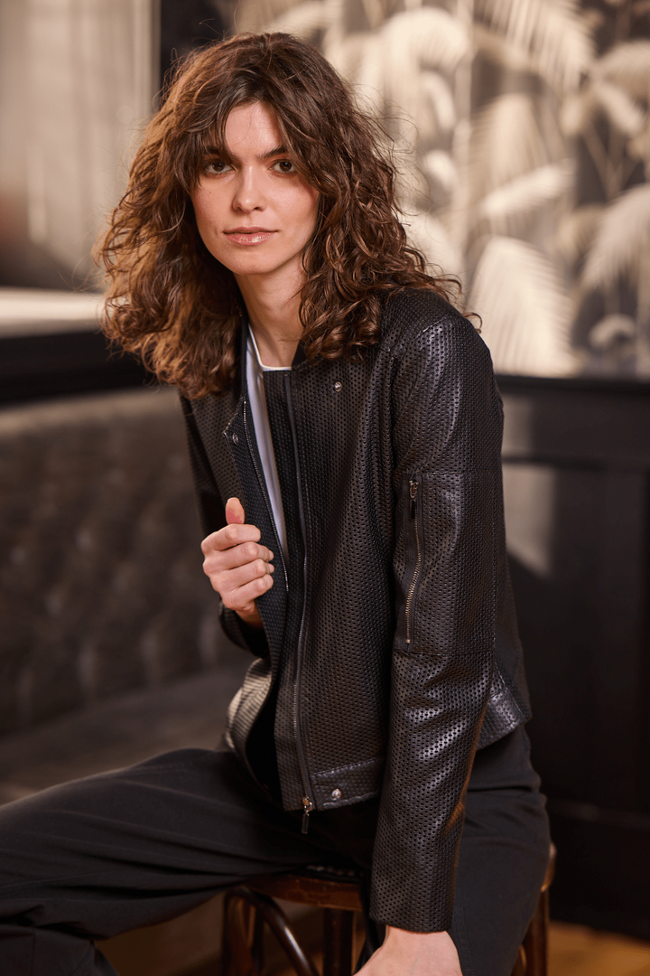 Millicent Perforated Vegan Leather Jacket Black