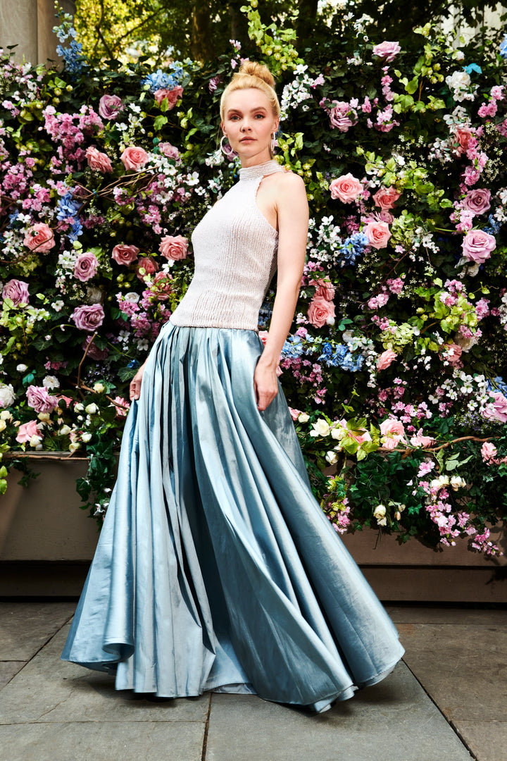 PLEATED SOFT TAFFETA BALLGOWN SKIRT LIGHT BLUE