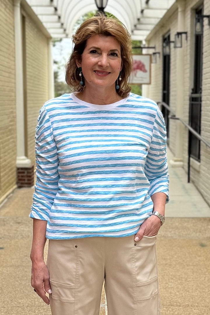 Stripe Ruched Tee Turquoise White