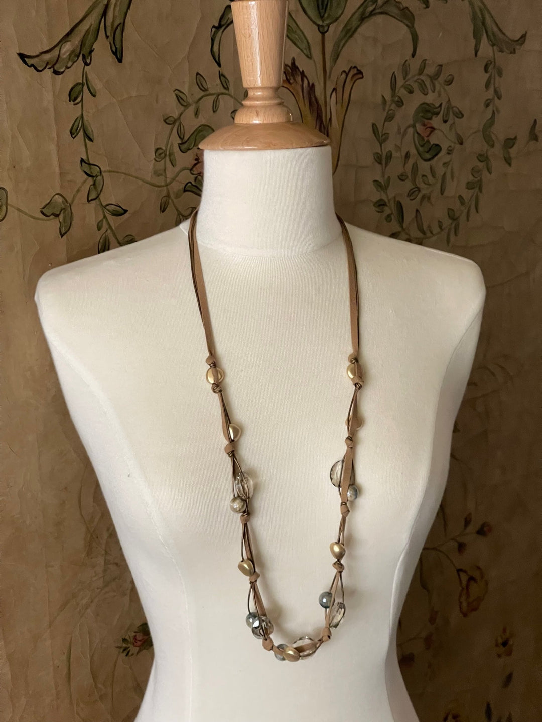 Blue Cream Tigers Eye and Champagne Crystal Long Necklace on Bronze Leather and Suede