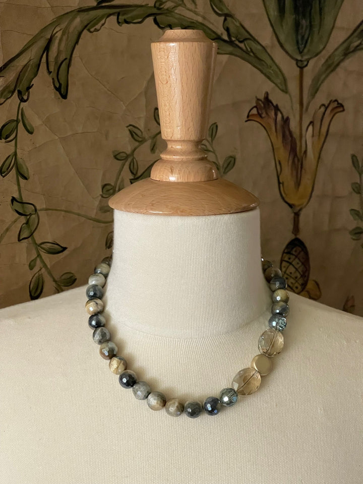 Blue Cream Tigers Eye With Champagne & Blue Crystal And Matte Gold Side Accents Necklace