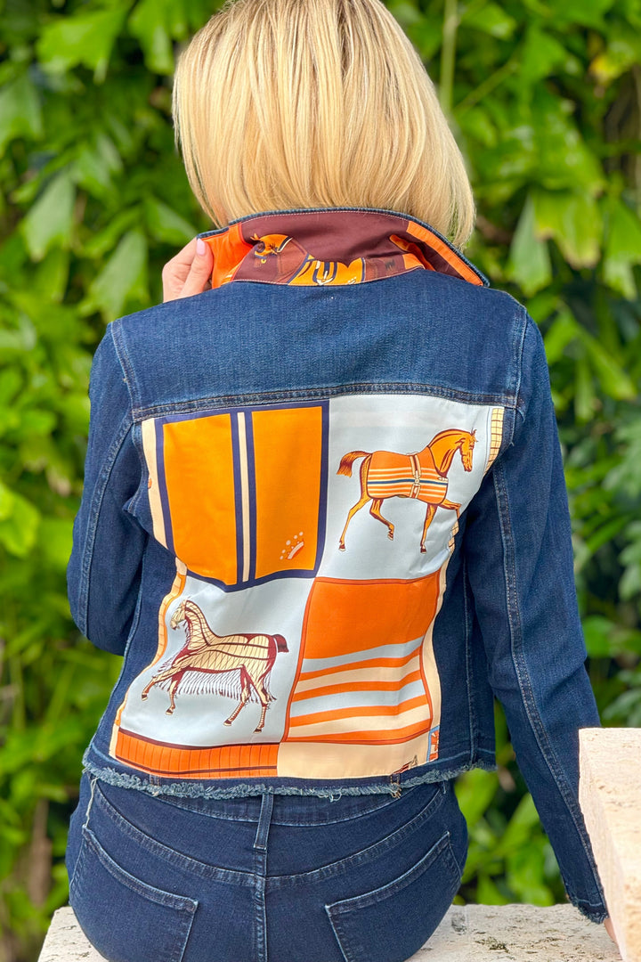 The Dark  Denim Jacket /  Light Blue with Orange Horse