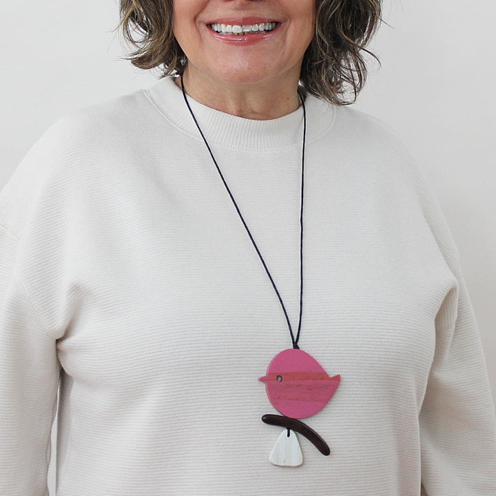 Pink Robin On A Branch Necklace