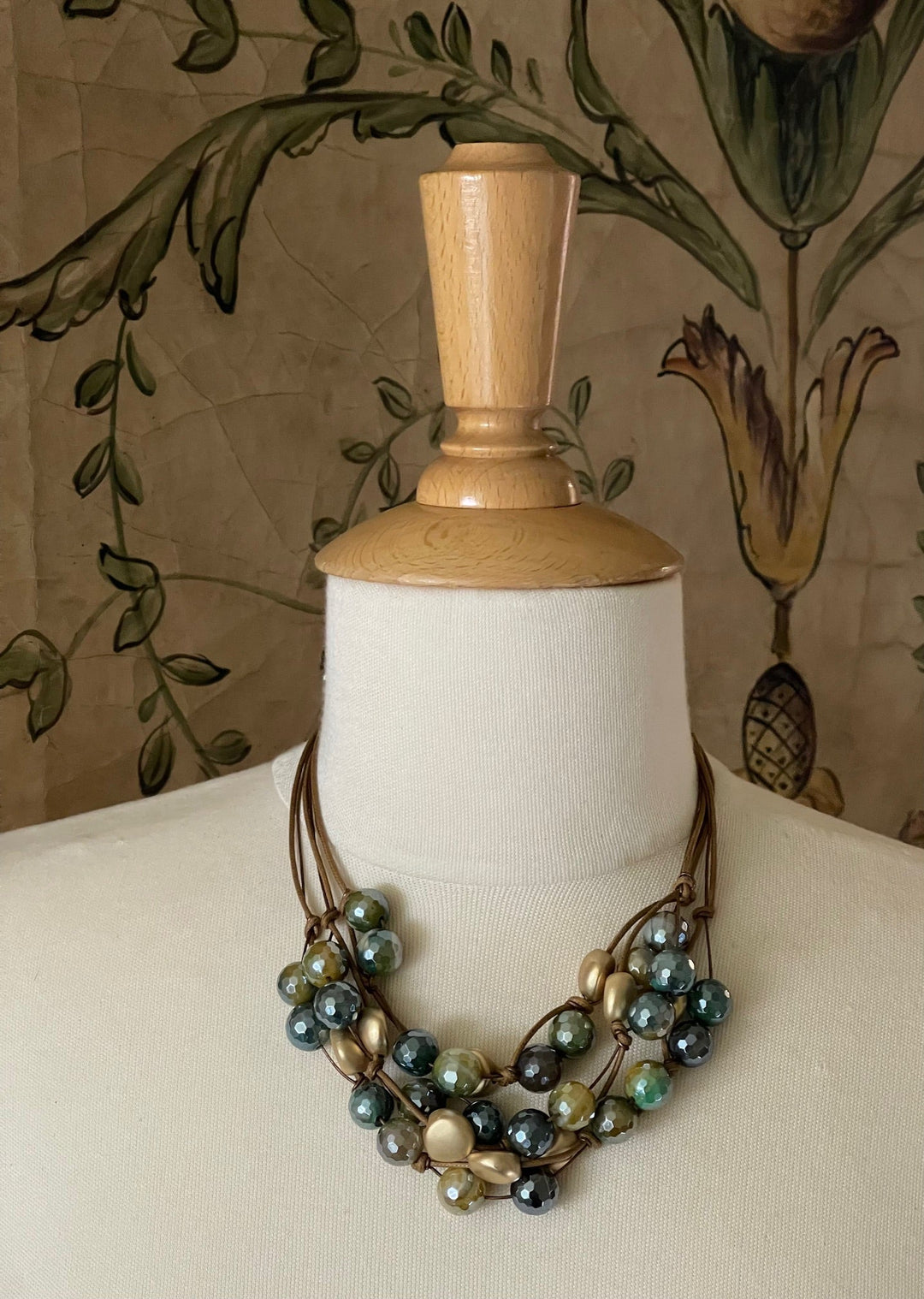 Teal Glazed Agate, Matte Gold Bead Torsade Necklace