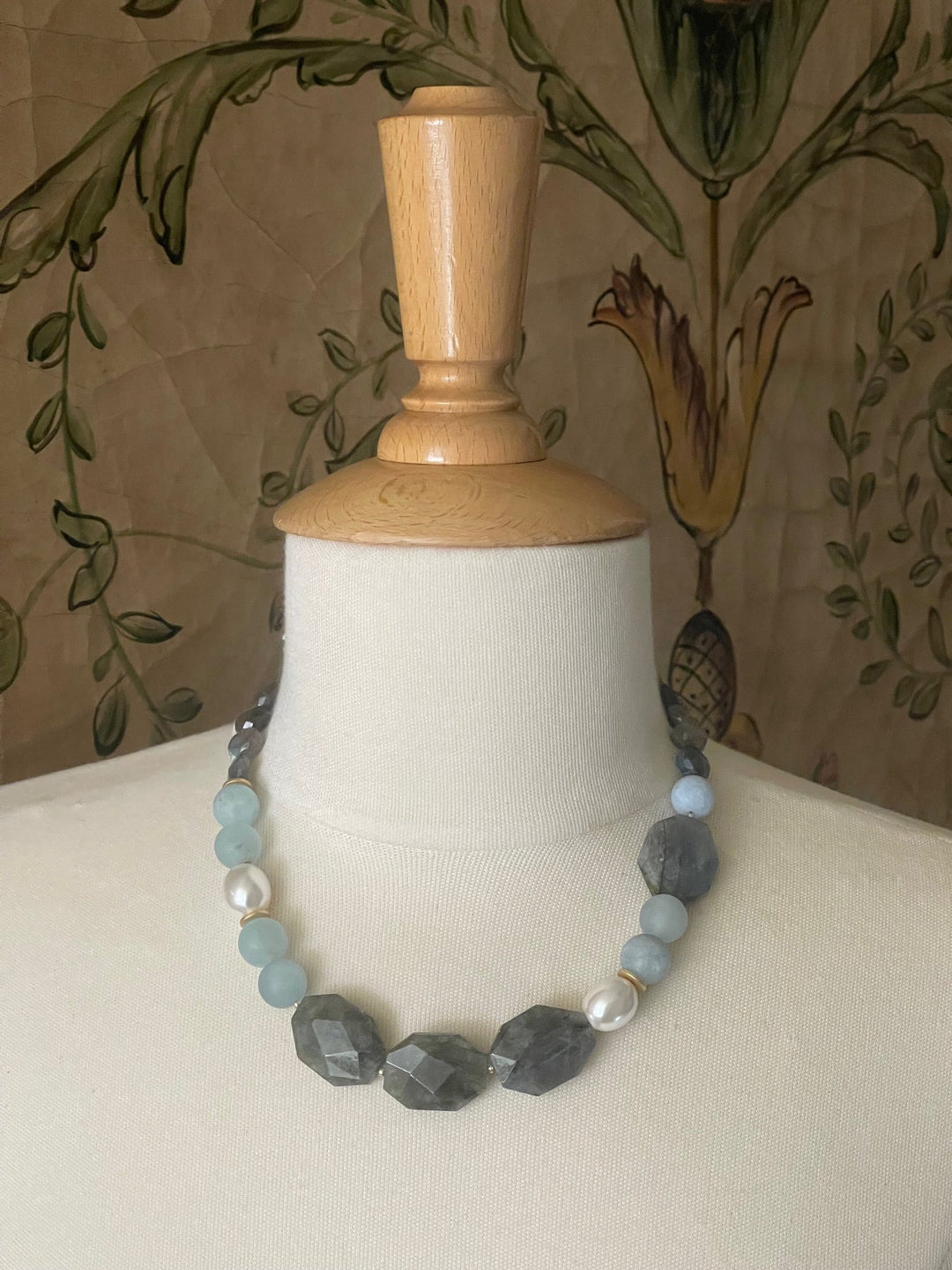 Natural Labradorite, Matte Aquamarine And MOP Necklace