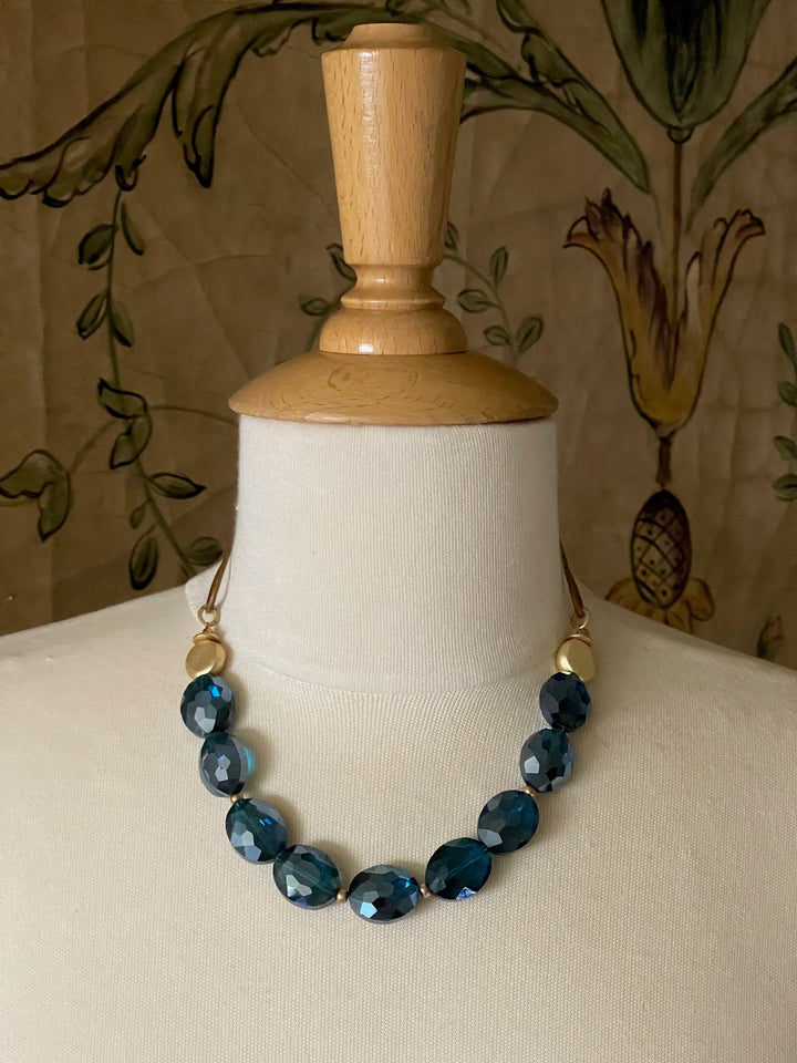 Teal Crystal and Flat Matte Gold Nugget Necklace on Bronze Linen