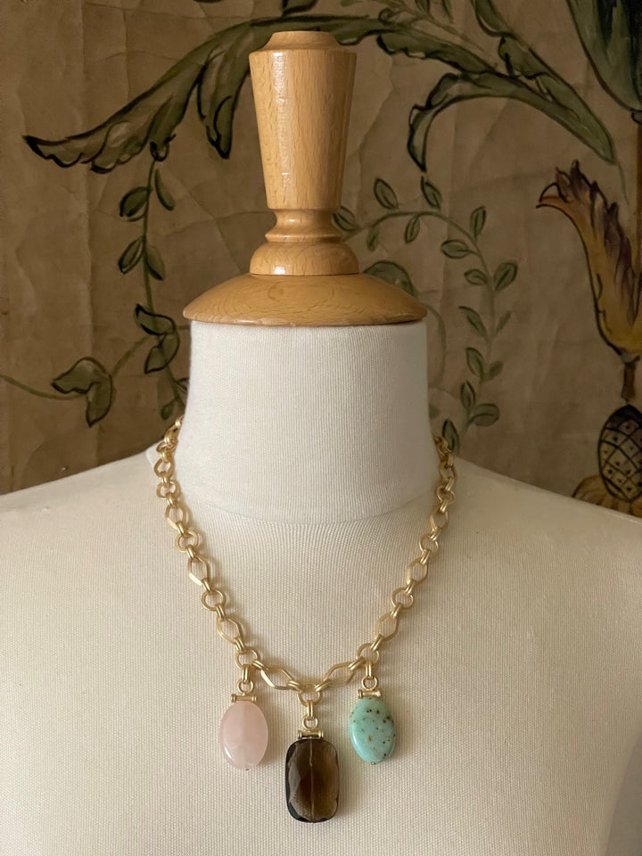 Smokey Topaz, Chalcedony, And Rose Quartz Charm Necklace