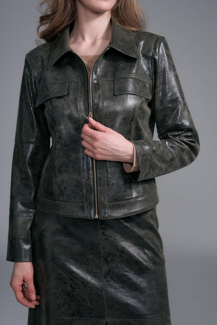 Printed Kelly Vegan Leather Jacket Forest