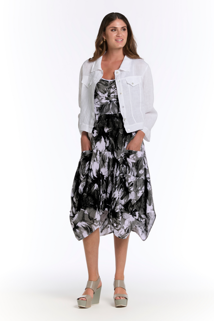 Drop Pocket Linen Dress Black Floral