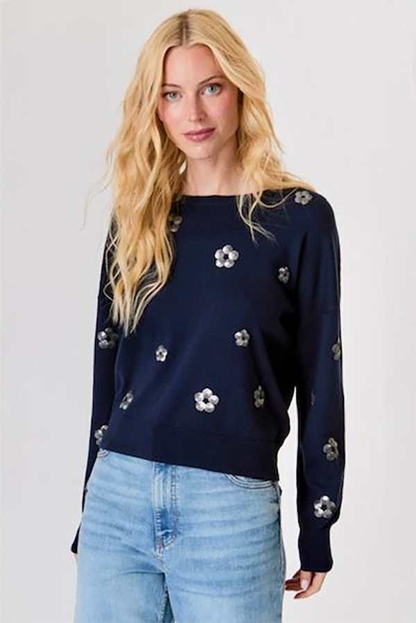 Sequined Flowers Sweater Navy