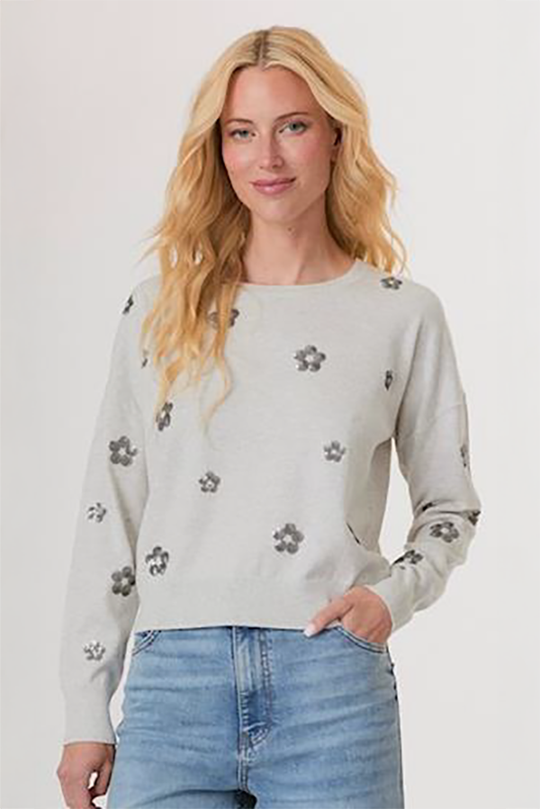 Sequined Flowers Sweater Cloud
