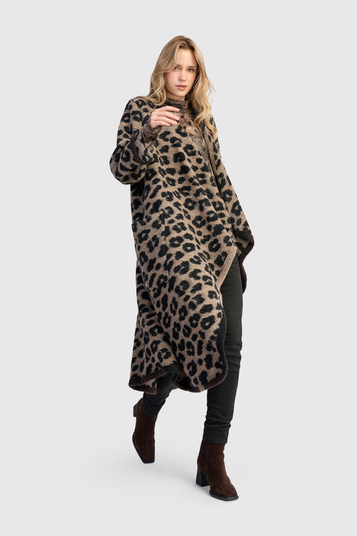 Sable Cozy Draped Coat, Leopard