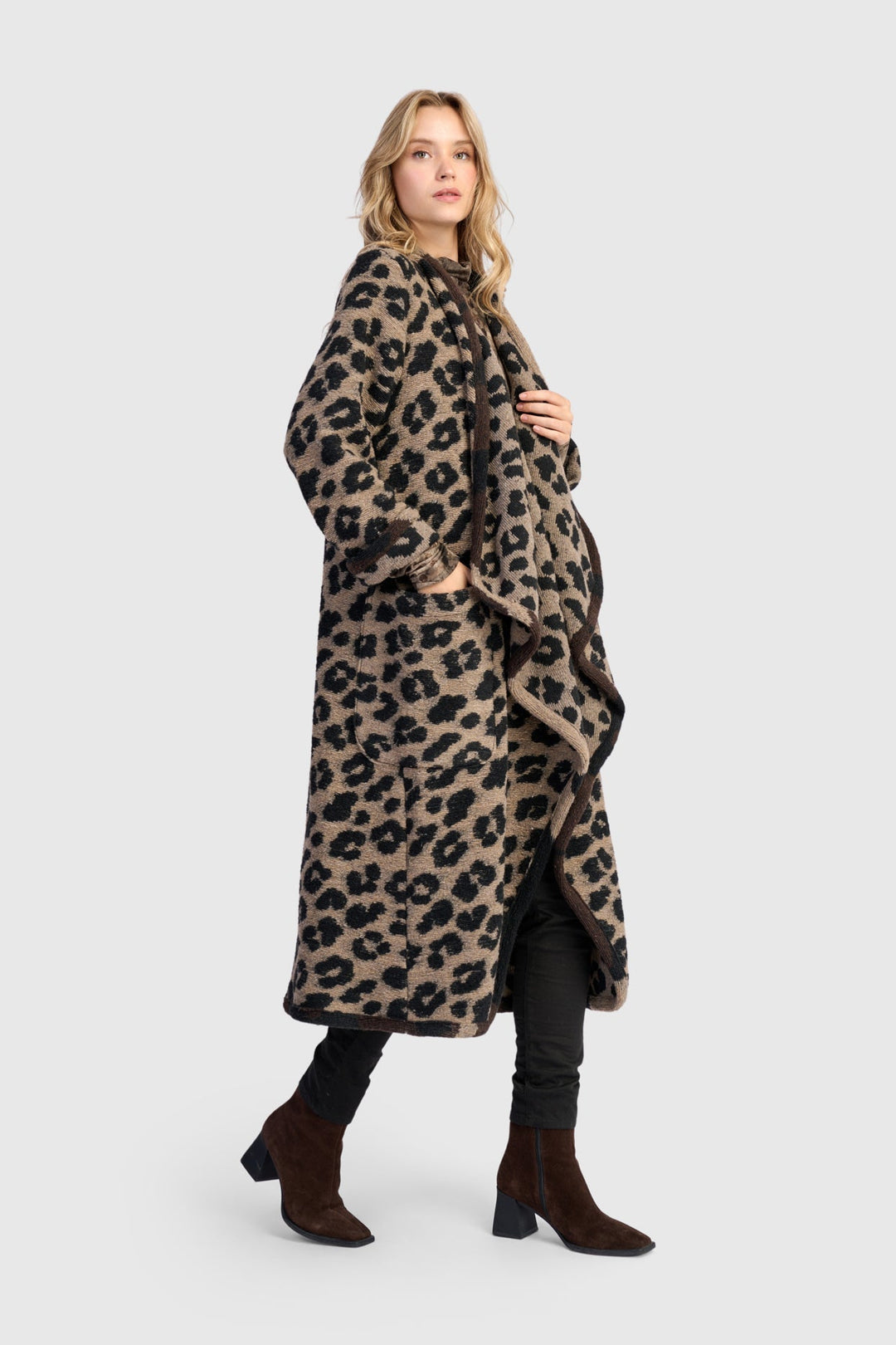 Sable Cozy Draped Coat, Leopard