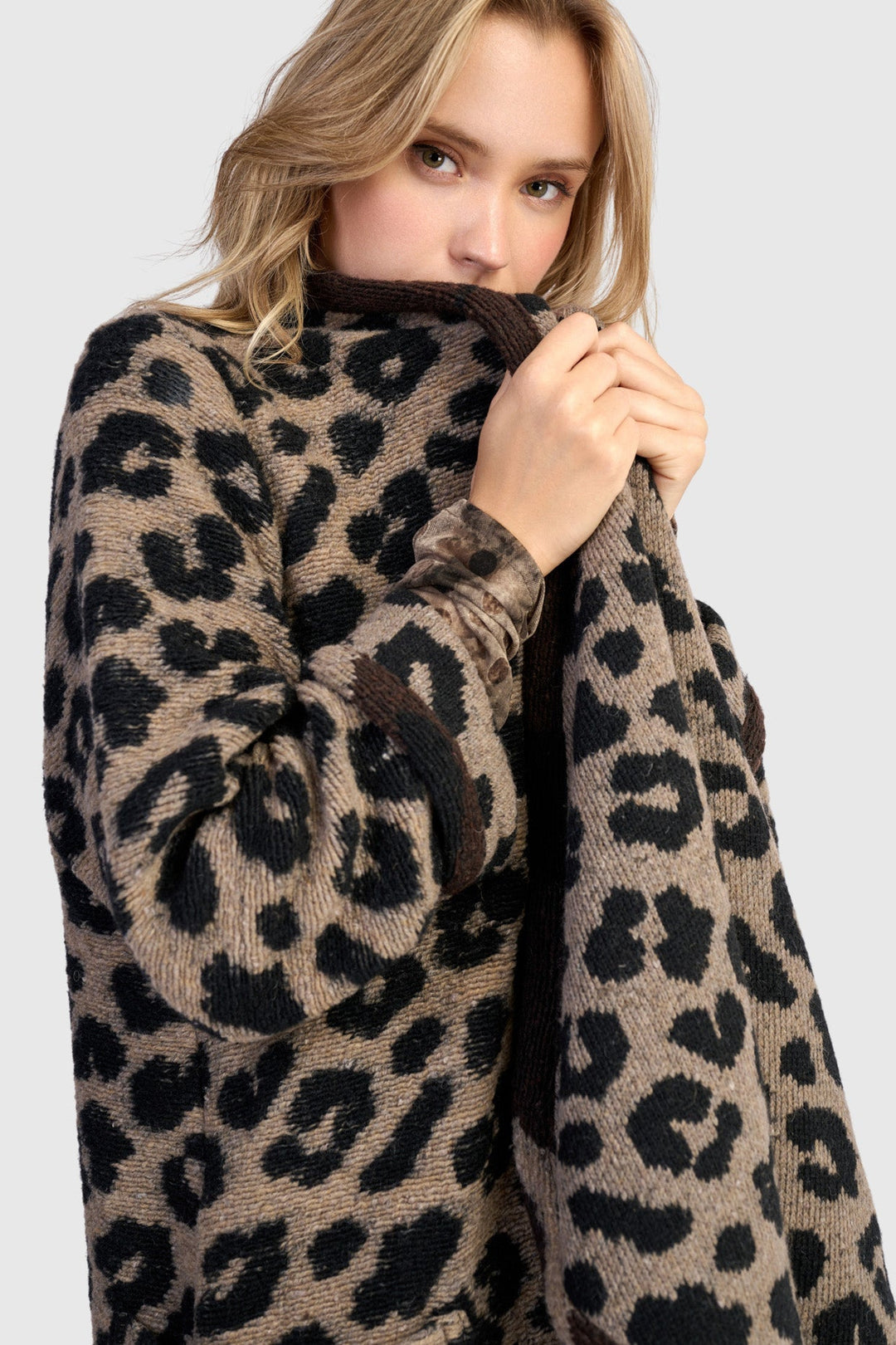 Sable Cozy Draped Coat, Leopard