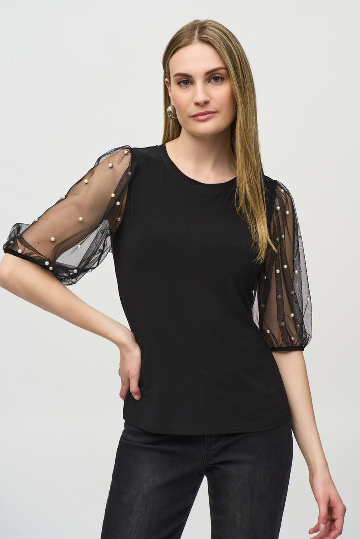 Silky Knit Top With Embellished Mesh Sleeves