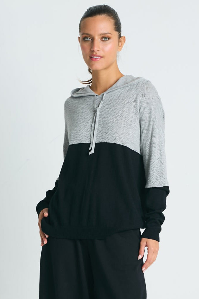 Pima Cotton 2 Tone Pointelle Hoodie Black/Heather