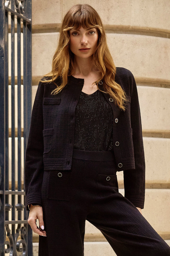 Sweater Knit Crew Neck Button-Front Jacket