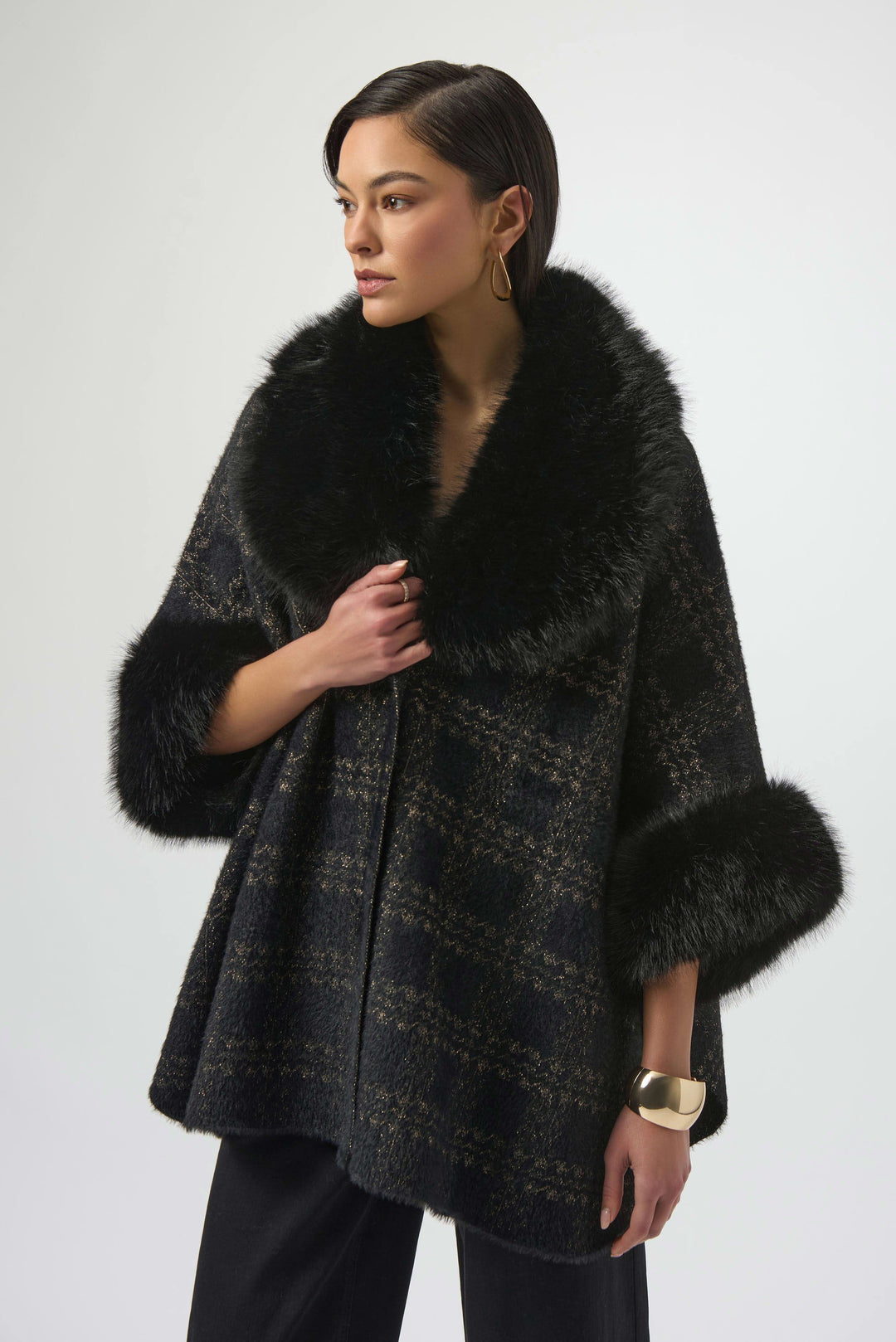Jacquard Sweater Knit Cape with Faux Fur Accents