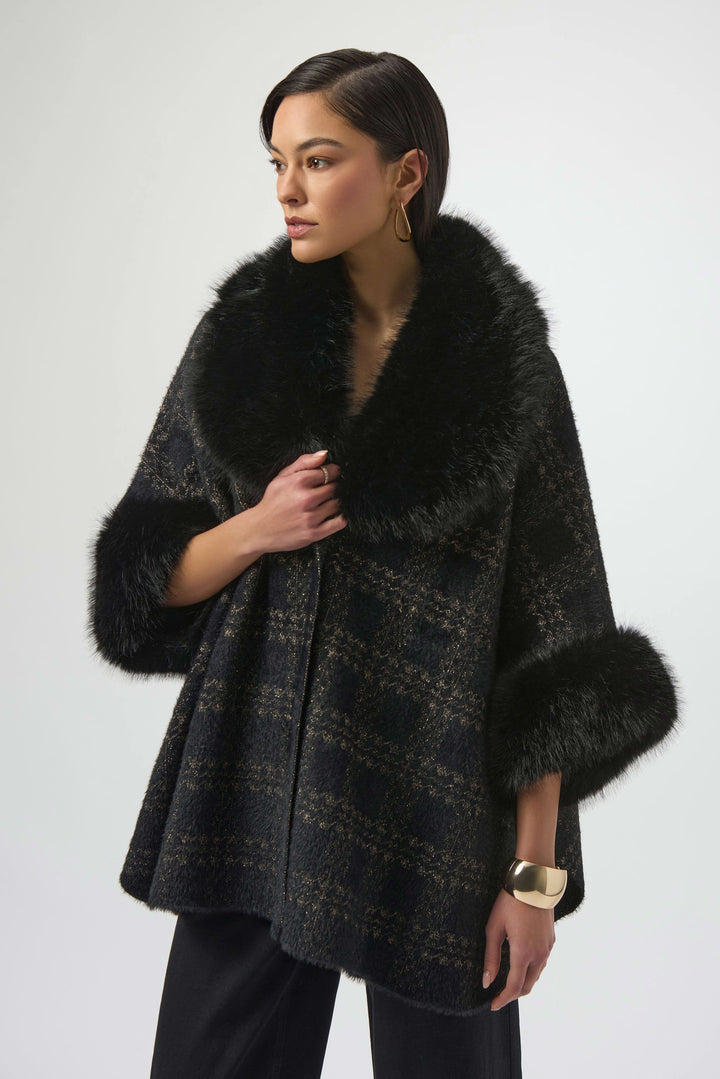 Jacquard Sweater Knit Cape with Faux Fur Accents