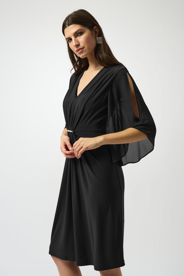 Silky Knit & Chiffon Sheath Dress Black