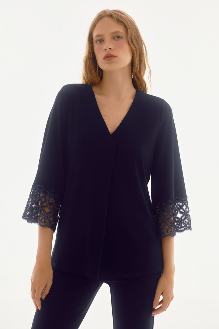 Silky Knit Straight Top With Lace Detail