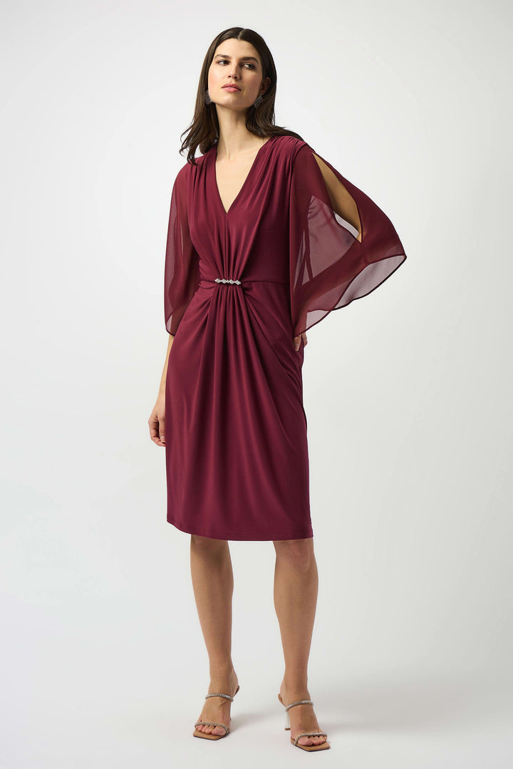 Silky Knit & Chiffon Sheath Dress Merlot