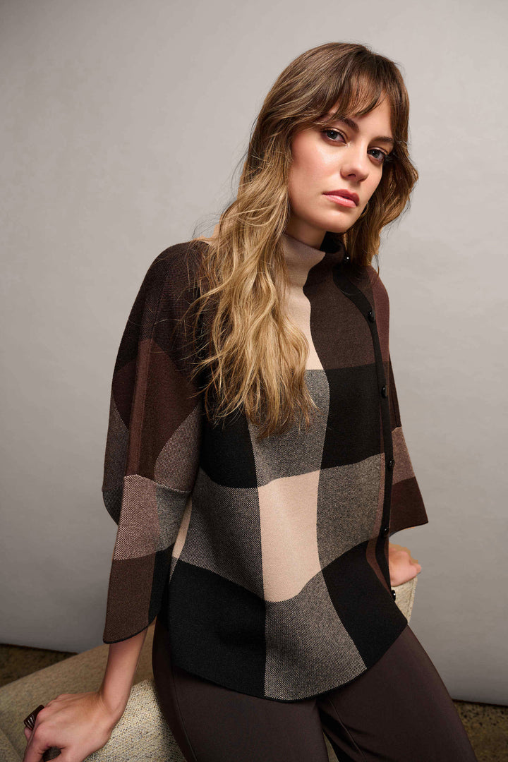 Brushed Viscose Plaid Print Boxy Sweater with Funnel Neck