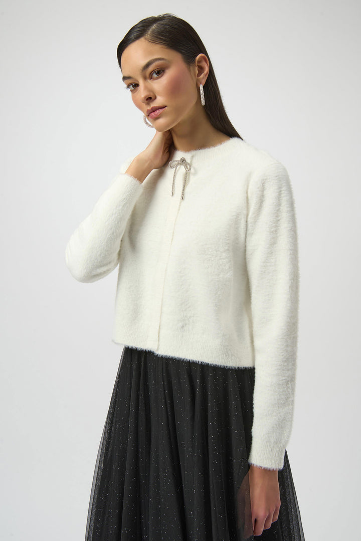 Feather Yarn Cardigan with Rhinestone Bow White